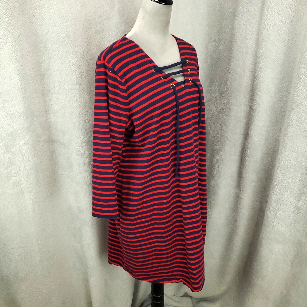 Michael Kors Lace Up Neck Dress Womens XL Shift Knit Striped Red Blue